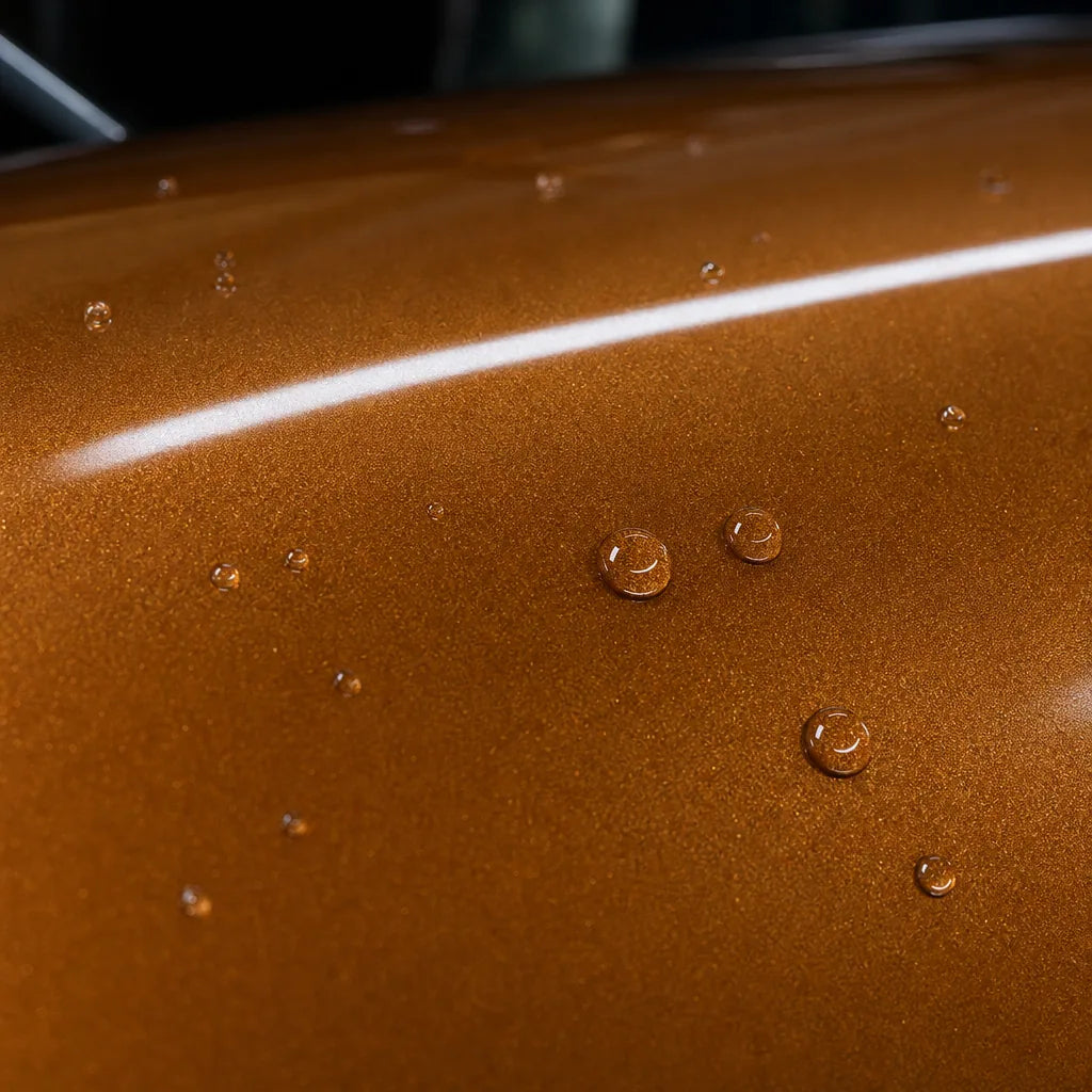 Close-up of Madeira Metallic Gold gloss colored PPF surface texture | Veloro