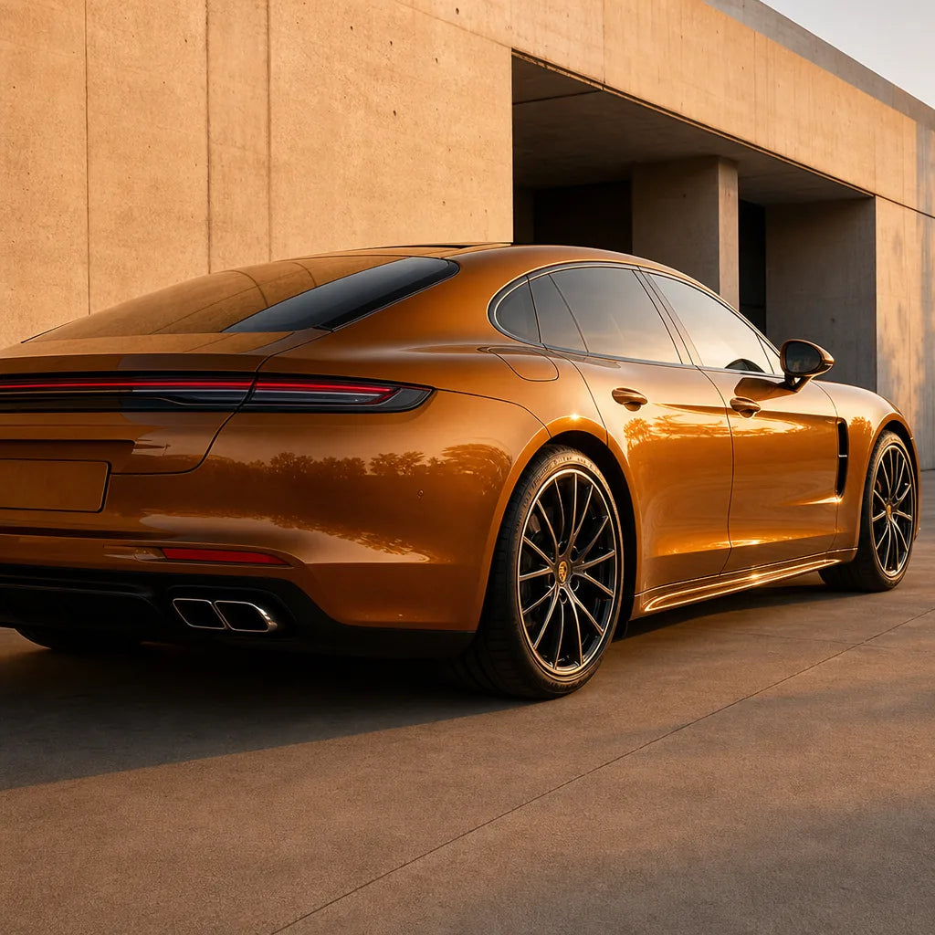 Luxury car wrapped in Madeira Metallic Gold gloss colored PPF at golden hour | Veloro