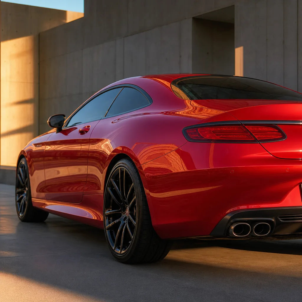 Luxury car wrapped in Magic Flame Gold Red gloss colored PPF at golden hour | Veloro