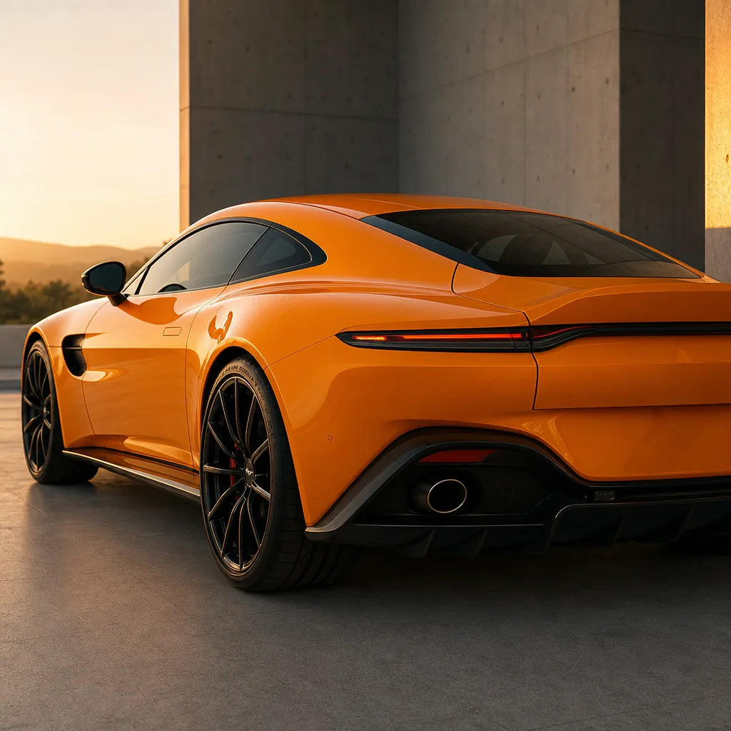 Luxury car wrapped in Mclaren Orange gloss colored PPF at golden hour | Veloro
