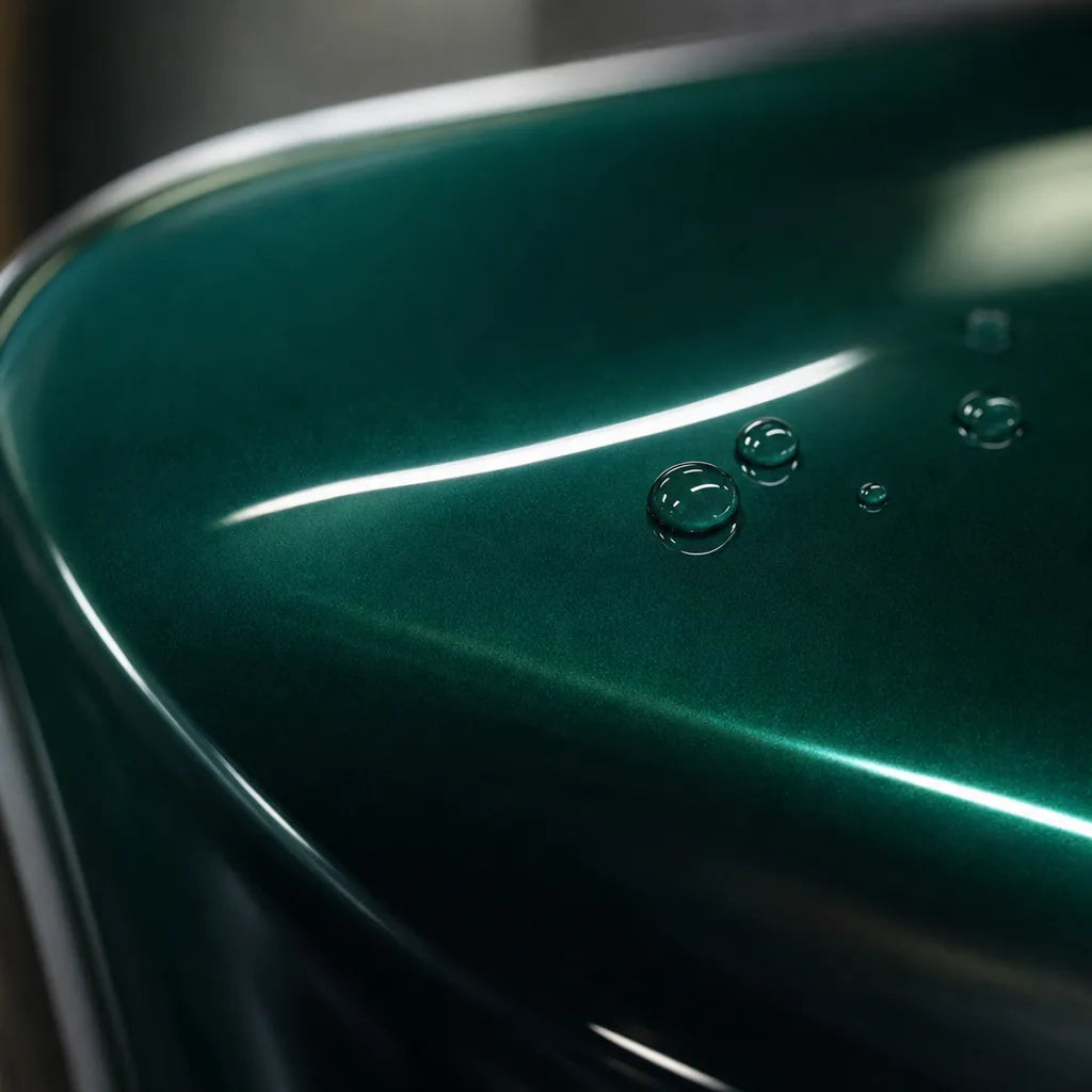 Close-up of Metallic Agate Green gloss colored PPF surface texture | Veloro