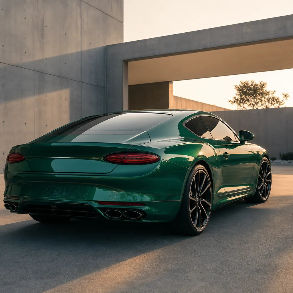 Luxury car wrapped in Metallic Agate Green gloss colored PPF at golden hour | Veloro