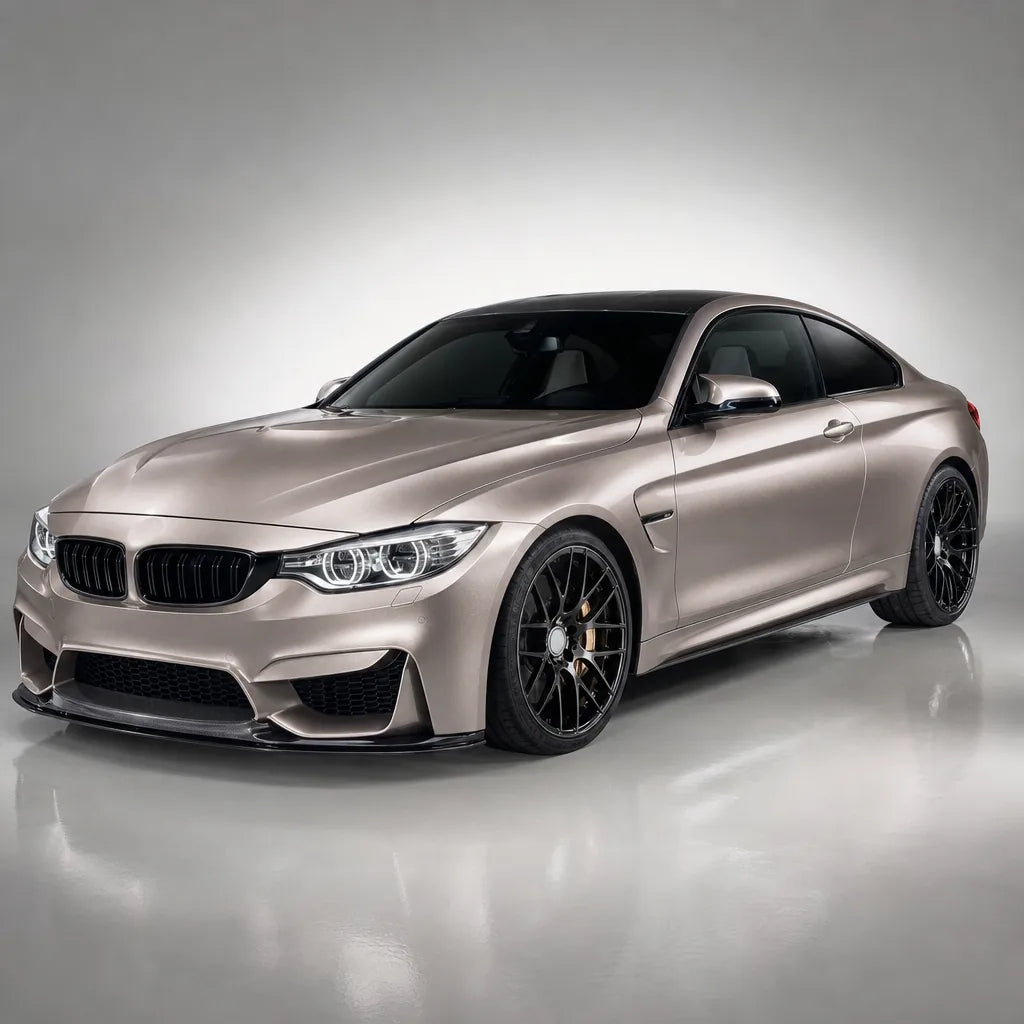 Metallic Akha Gold gloss colored PPF wrapped on a BMW M4 | Veloro