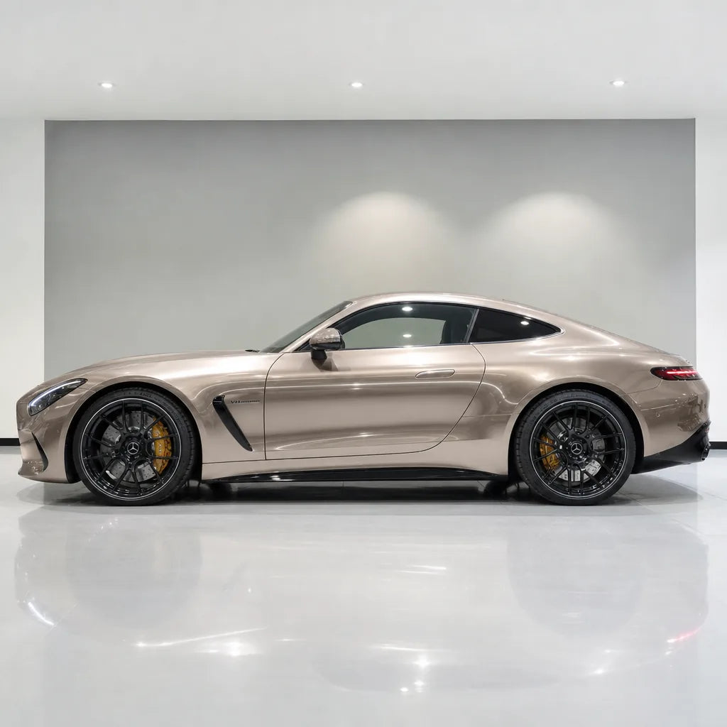 Metallic Akha Gold gloss colored PPF wrapped on a Mercedes-AMG GT side profile | Veloro