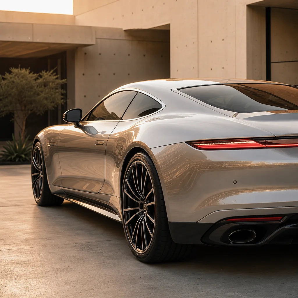 Luxury car wrapped in Metallic Akha Gold gloss colored PPF at golden hour | Veloro