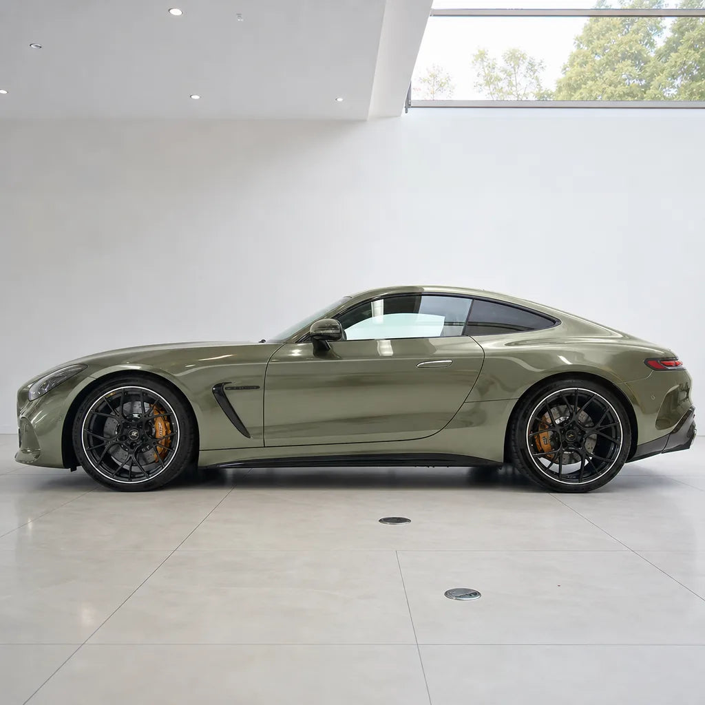 Metallic Alpine Green gloss colored PPF wrapped on a Mercedes-AMG GT side profile | Veloro