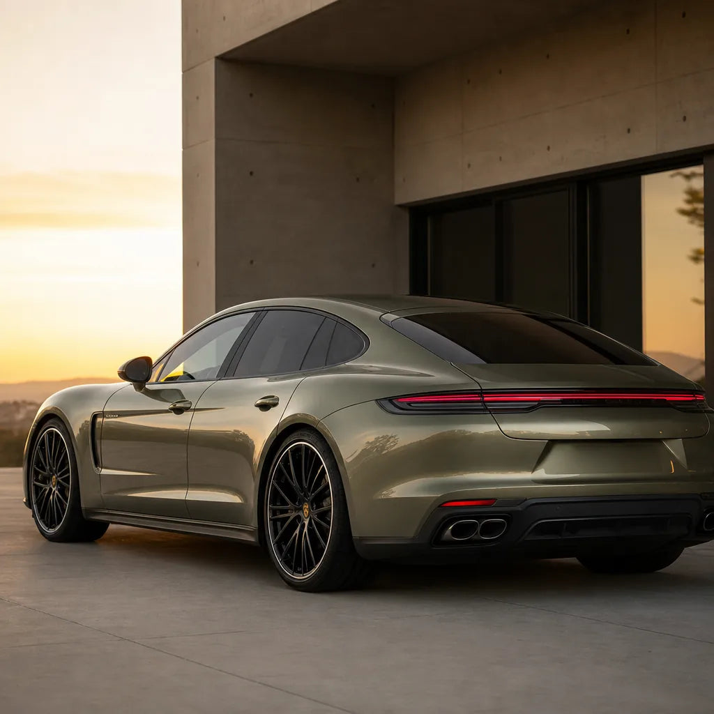 Luxury car wrapped in Metallic Alpine Green gloss colored PPF at golden hour | Veloro