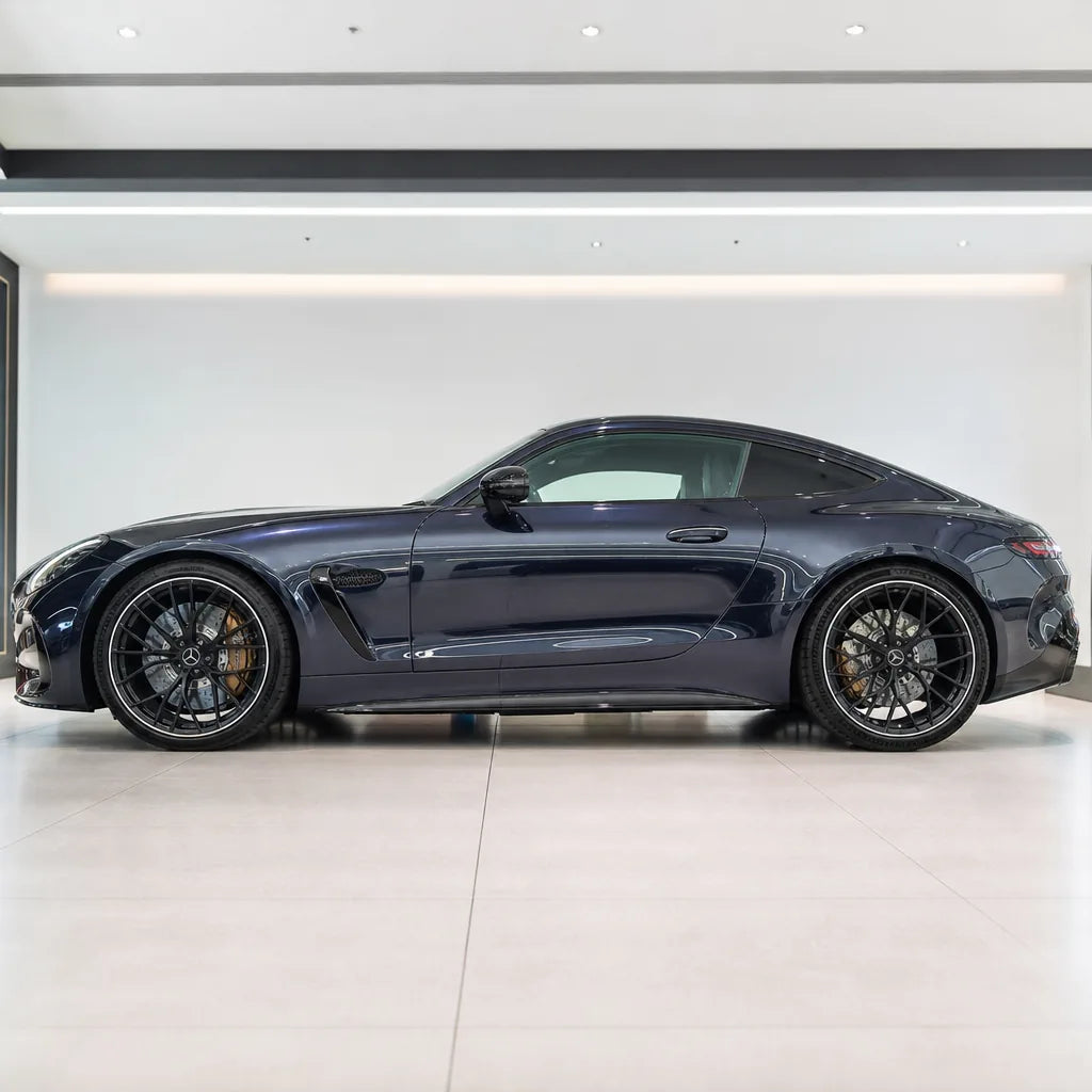 Metallic Antarctic Star Blue gloss colored PPF wrapped on a Mercedes-AMG GT side profile | Veloro