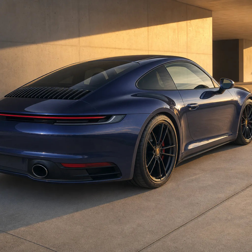 Luxury car wrapped in Metallic Antarctic Star Blue gloss colored PPF at golden hour | Veloro