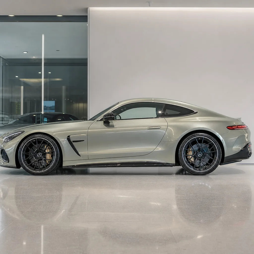 Metallic Aquila gloss colored PPF wrapped on a Mercedes-AMG GT side profile | Veloro