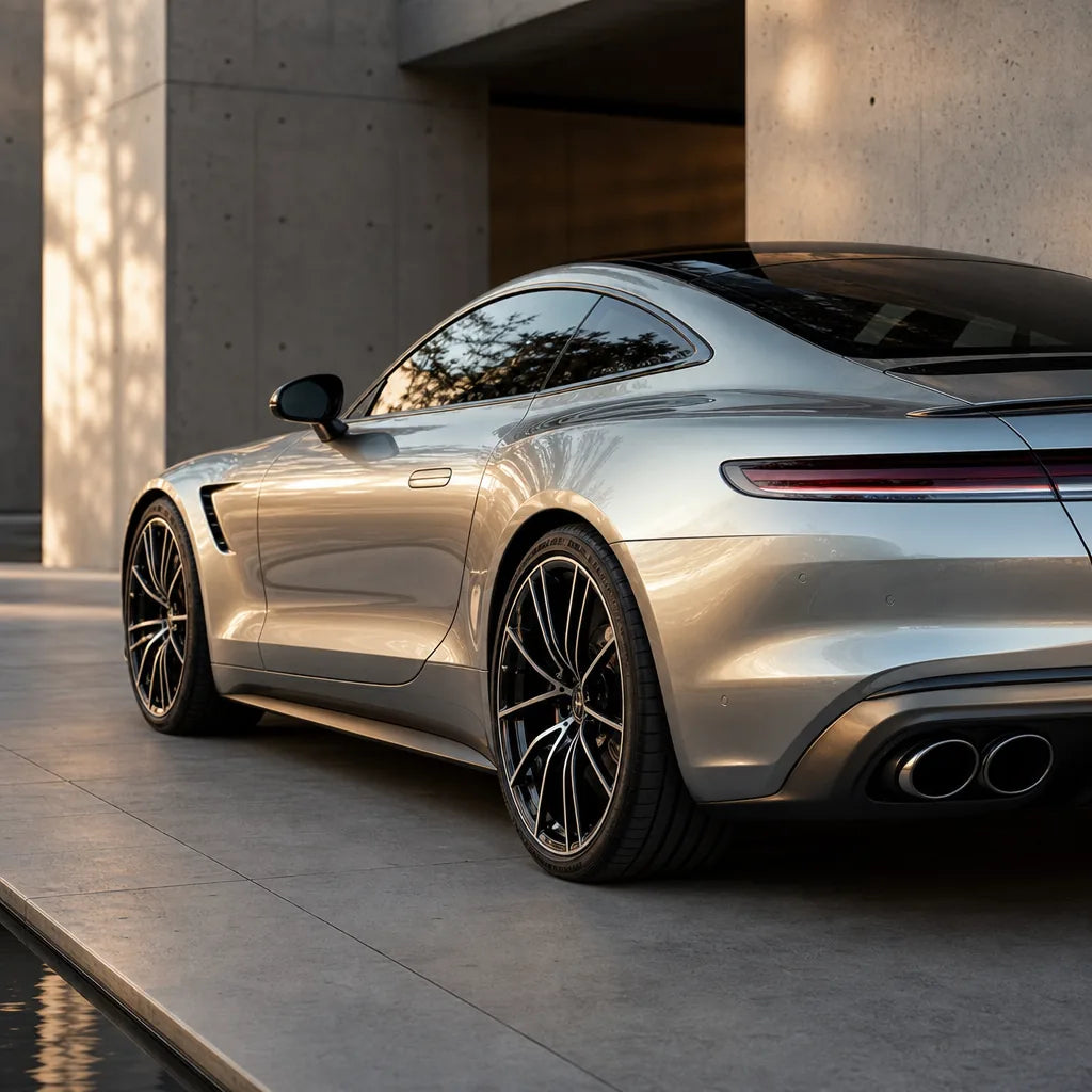Luxury car wrapped in Metallic Aquila gloss colored PPF at golden hour | Veloro