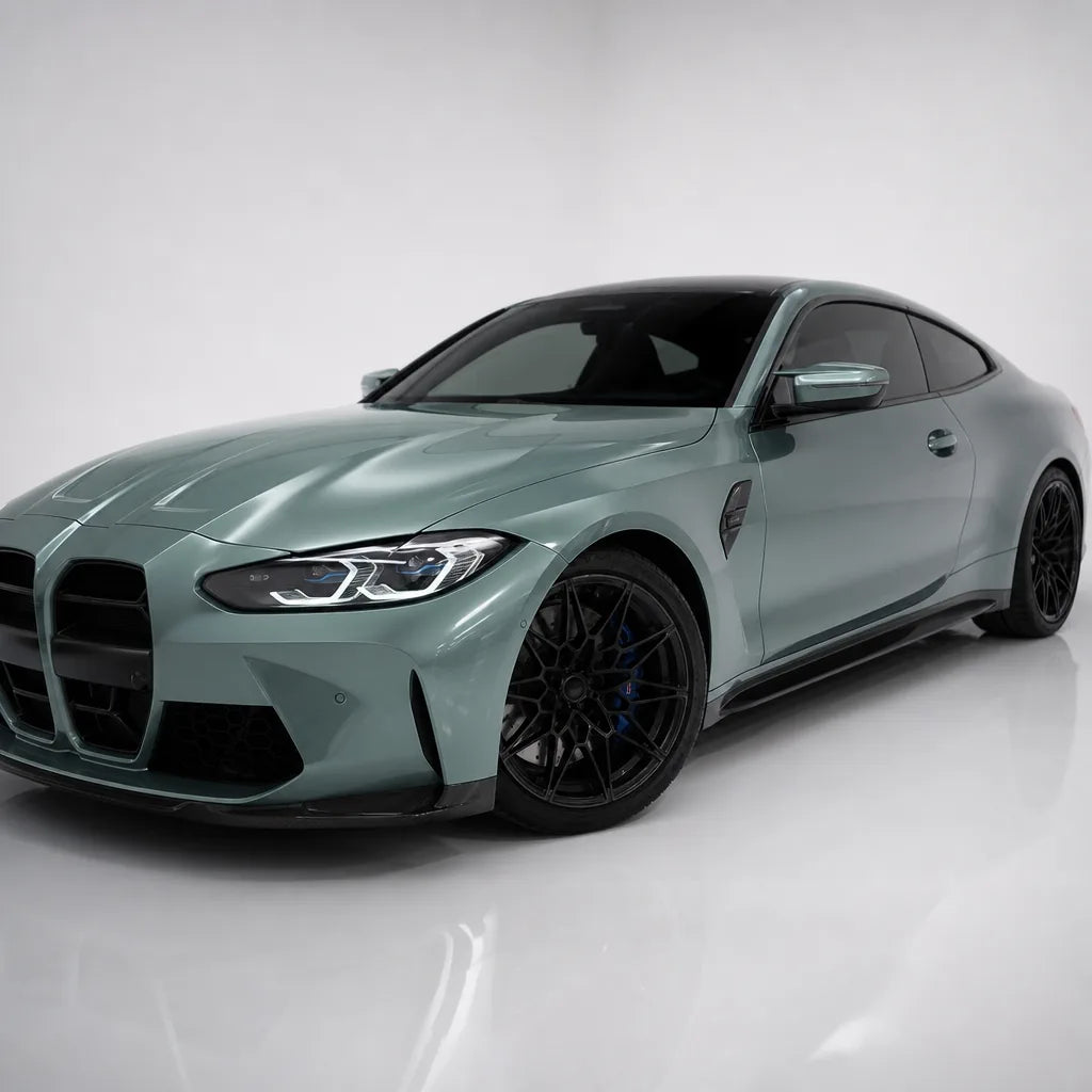 Metallic Aurora Green gloss colored PPF wrapped on a BMW M4 | Veloro