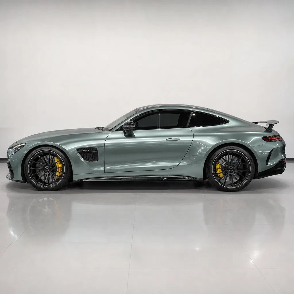 Metallic Aurora Green gloss colored PPF wrapped on a Mercedes-AMG GT side profile | Veloro