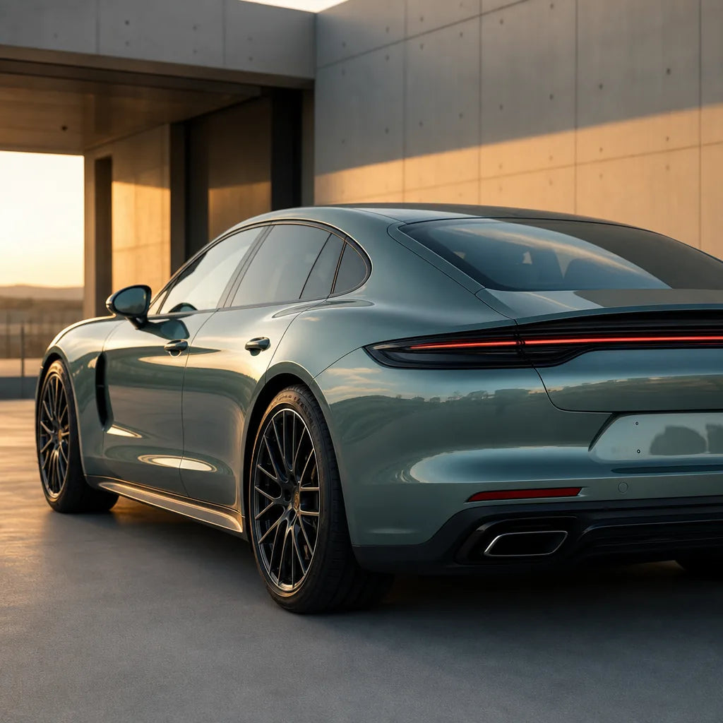 Luxury car wrapped in Metallic Aurora Green gloss colored PPF at golden hour | Veloro