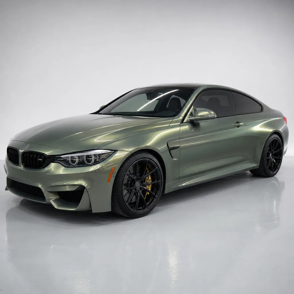 Metallic Aventurine Green gloss colored PPF wrapped on a BMW M4 | Veloro