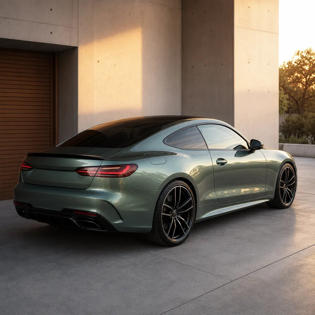 Luxury car wrapped in Metallic Aventurine Green gloss colored PPF at golden hour | Veloro