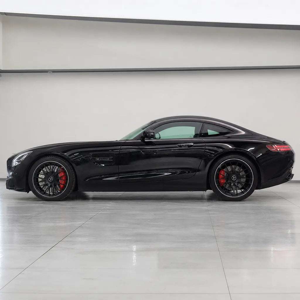 Metallic Black Cherry gloss colored PPF wrapped on a Mercedes-AMG GT side profile | Veloro
