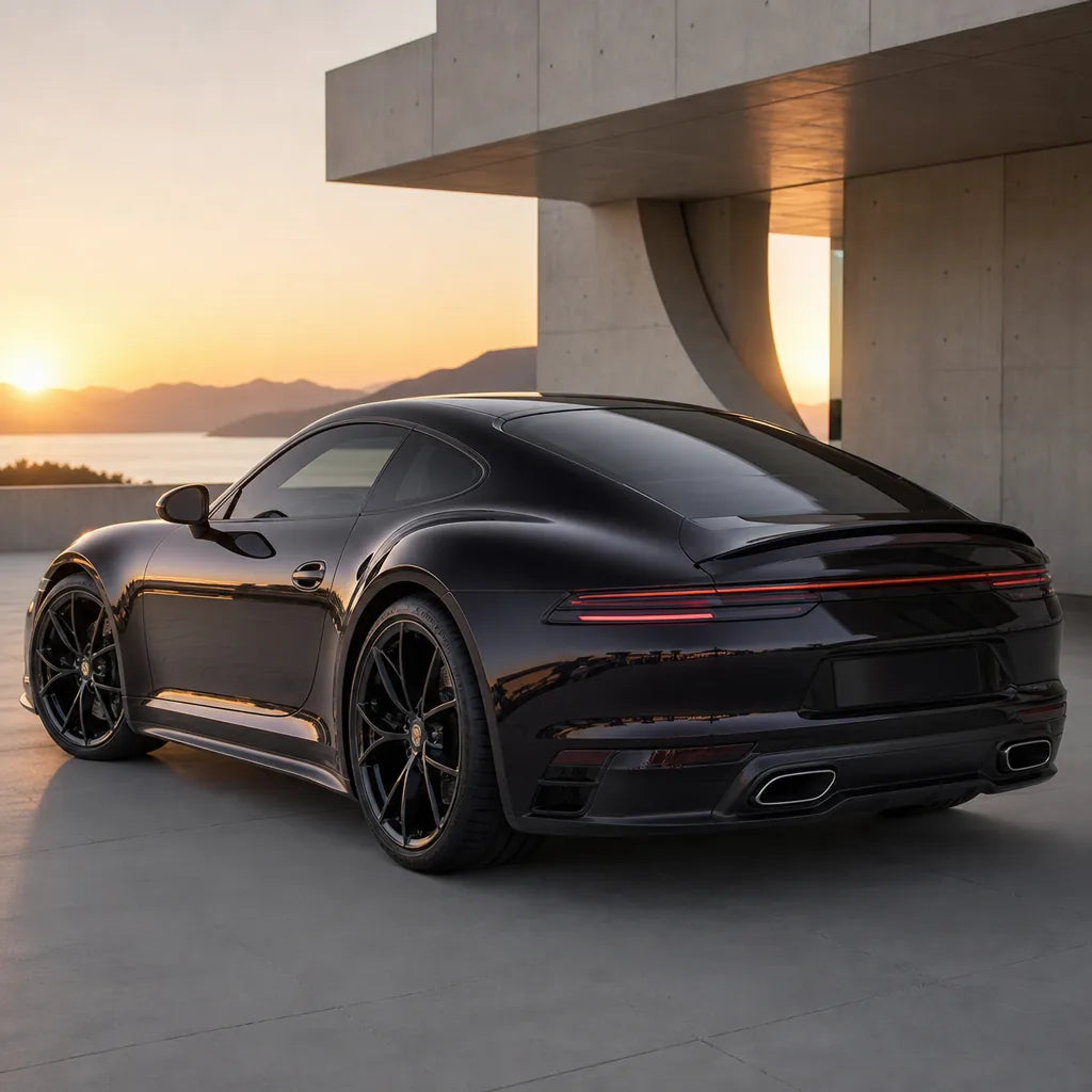 Luxury car wrapped in Metallic Black Cherry gloss colored PPF at golden hour | Veloro