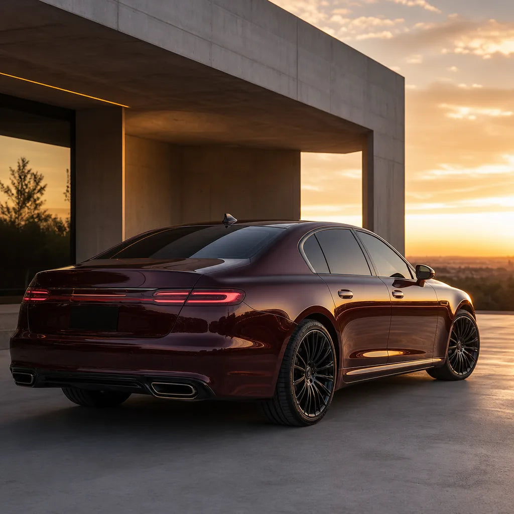 Luxury car wrapped in Metallic Black Rose gloss colored PPF at golden hour | Veloro