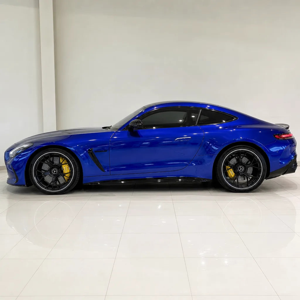 Metallic Blue gloss colored PPF wrapped on a Mercedes-AMG GT side profile | Veloro