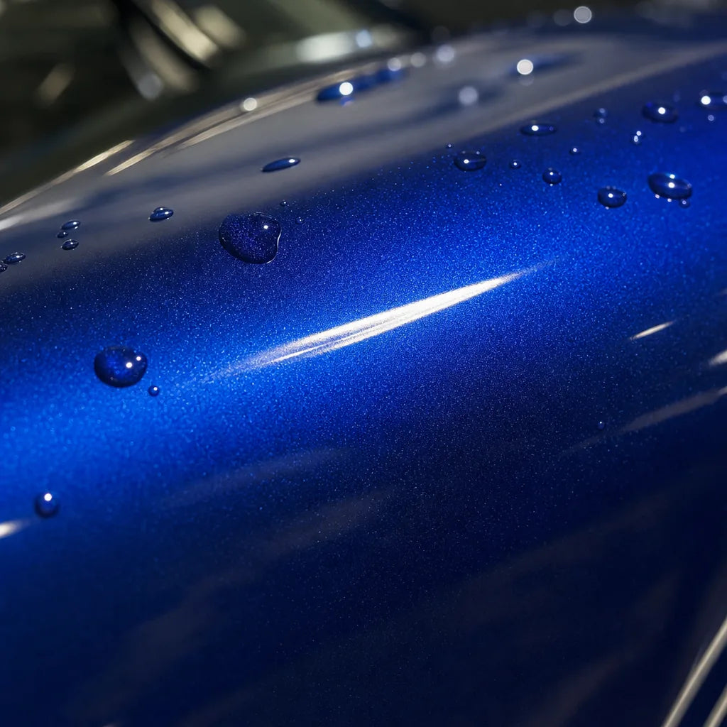 Close-up of Metallic Blue gloss colored PPF surface texture | Veloro