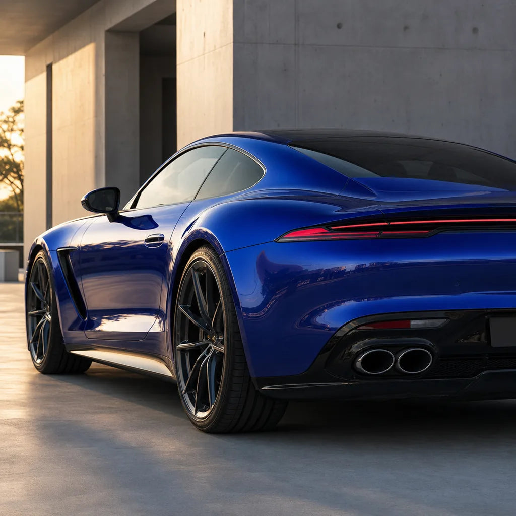 Luxury car wrapped in Metallic Blue gloss colored PPF at golden hour | Veloro