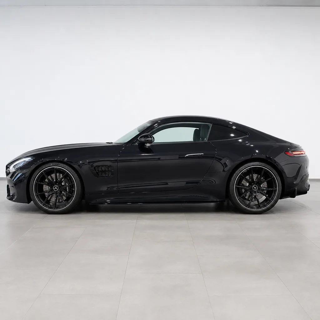 Metallic BMW Diamond Graphite Grey gloss colored PPF wrapped on a Mercedes-AMG GT side profile | Veloro