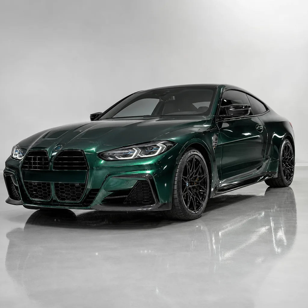 Metallic British Green gloss colored PPF wrapped on a BMW M4 | Veloro