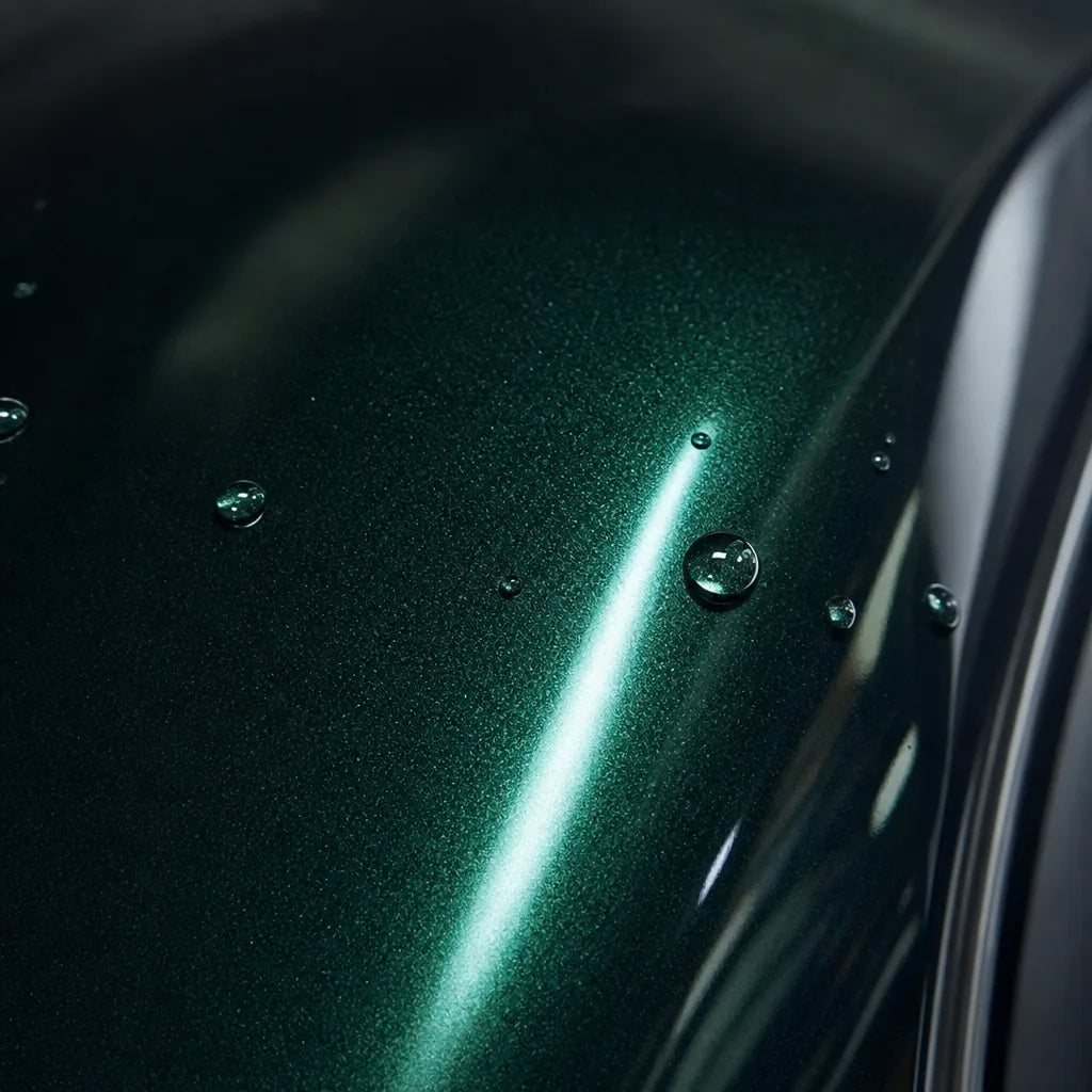 Close-up of Metallic British Green gloss colored PPF surface texture | Veloro