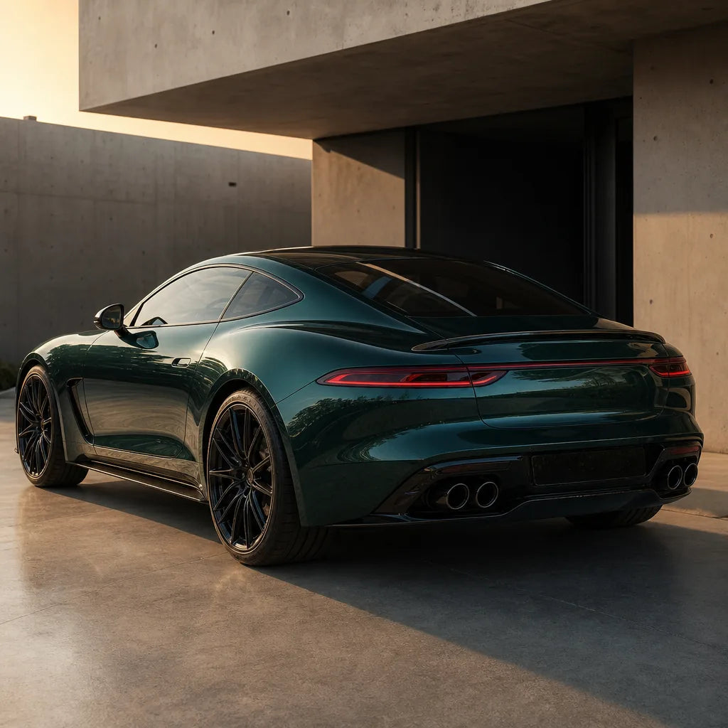 Luxury car wrapped in Metallic British Green gloss colored PPF at golden hour | Veloro