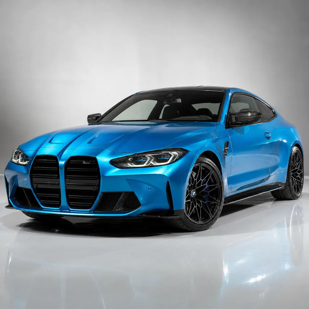 Metallic Canel Bay Blue gloss colored PPF wrapped on a BMW M4 | Veloro