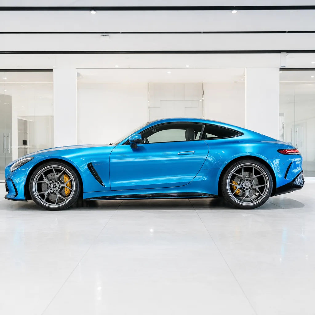 Metallic Canel Bay Blue gloss colored PPF wrapped on a Mercedes-AMG GT side profile | Veloro