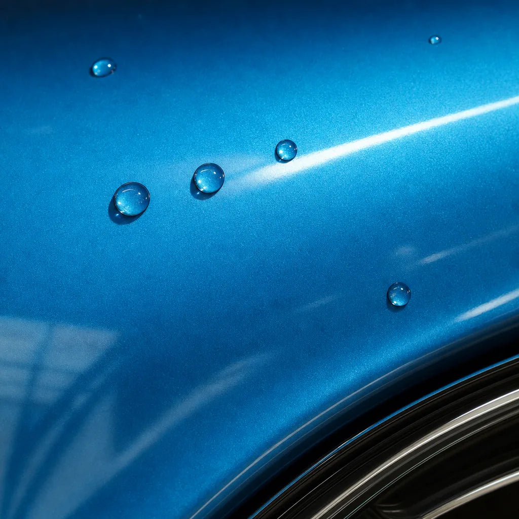 Close-up of Metallic Canel Bay Blue gloss colored PPF surface texture | Veloro