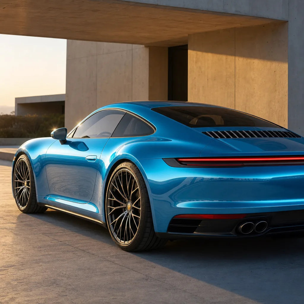Luxury car wrapped in Metallic Canel Bay Blue gloss colored PPF at golden hour | Veloro