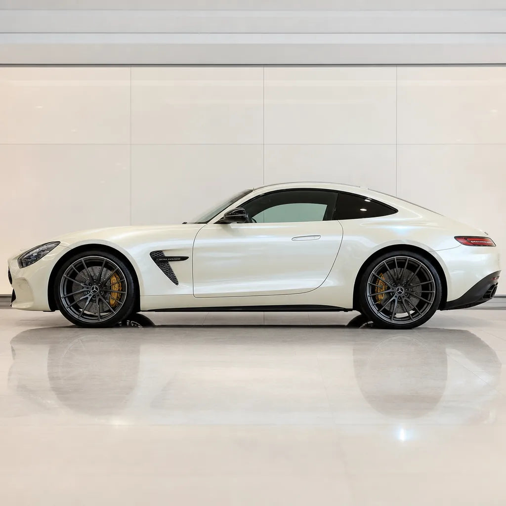 Metallic Chameleon Blue White gloss colored PPF wrapped on a Mercedes-AMG GT side profile | Veloro