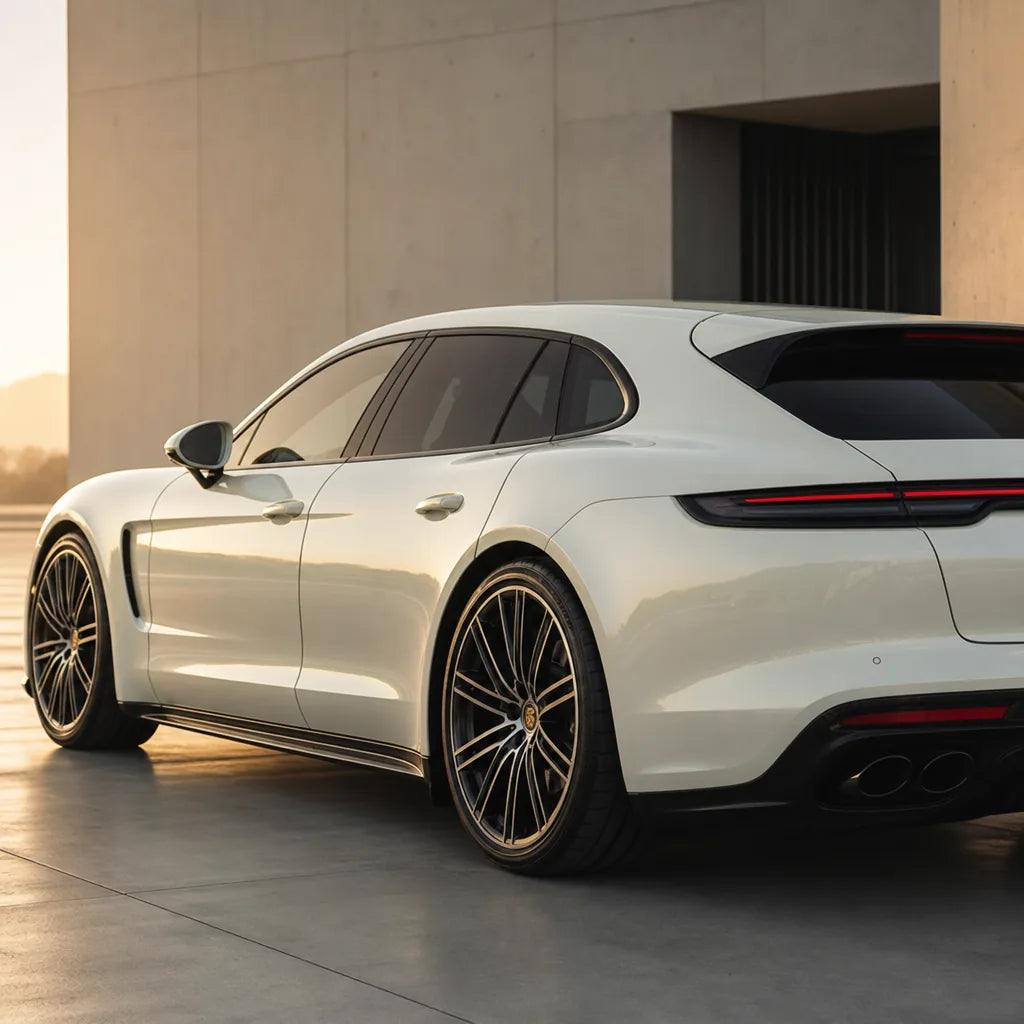 Luxury car wrapped in Metallic Chameleon Blue White gloss colored PPF at golden hour | Veloro