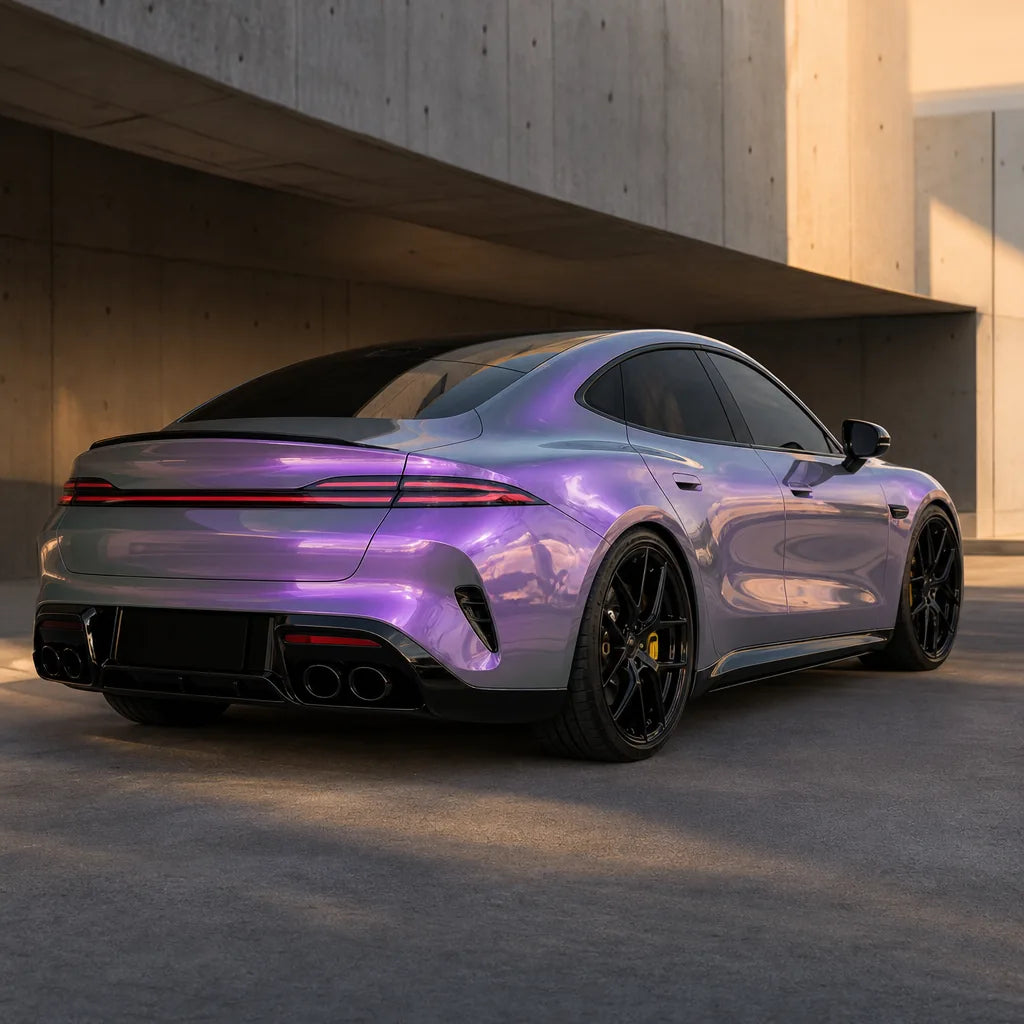 Luxury car wrapped in Metallic Chameleon Candy Grey Purple Color PPF gloss colored PPF at golden hour | Veloro