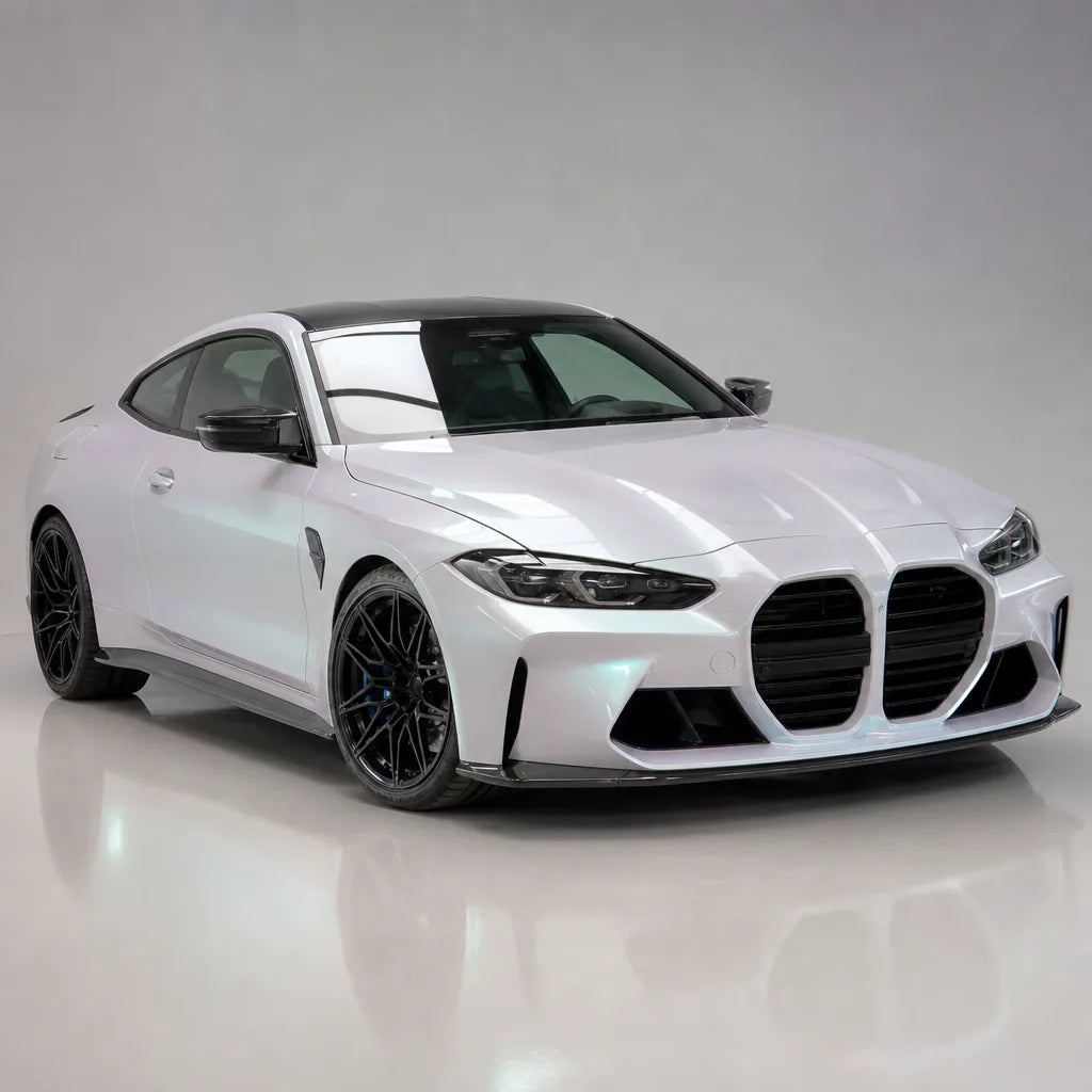 Metallic Chameleon Dawning White gloss colored PPF wrapped on a BMW M4 | Veloro