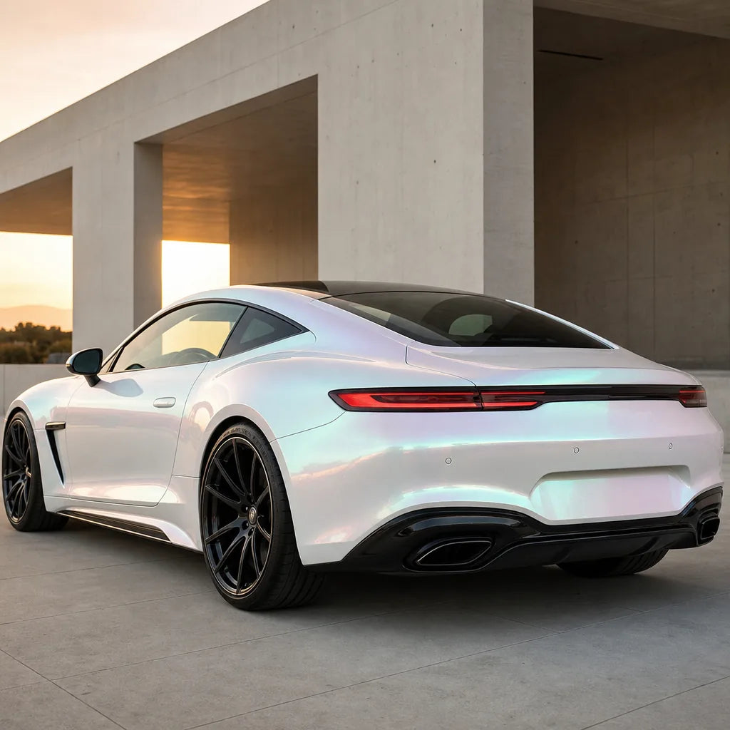 Luxury car wrapped in Metallic Chameleon Dawning White gloss colored PPF at golden hour | Veloro