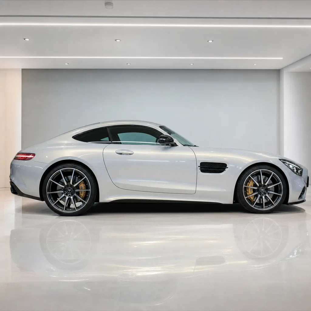 Metallic Chameleon Gold White gloss colored PPF wrapped on a Mercedes-AMG GT side profile | Veloro
