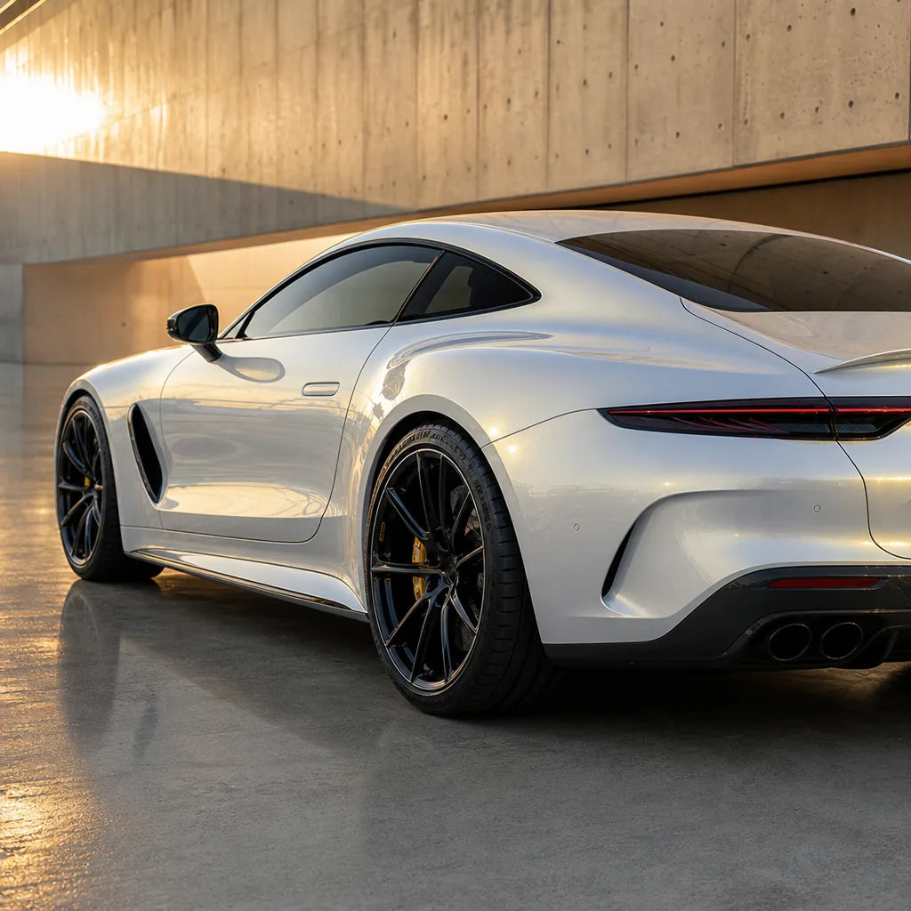 Luxury car wrapped in Metallic Chameleon Gold White gloss colored PPF at golden hour | Veloro