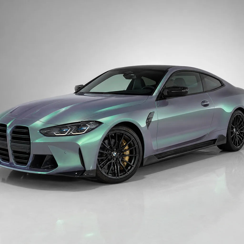 Metallic Chameleon Green Grey gloss colored PPF wrapped on a BMW M4 | Veloro
