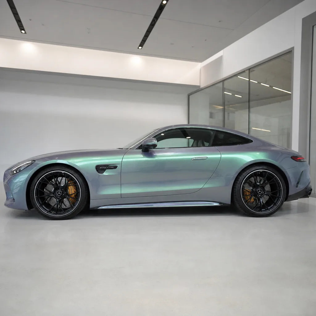 Metallic Chameleon Green Grey gloss colored PPF wrapped on a Mercedes-AMG GT side profile | Veloro