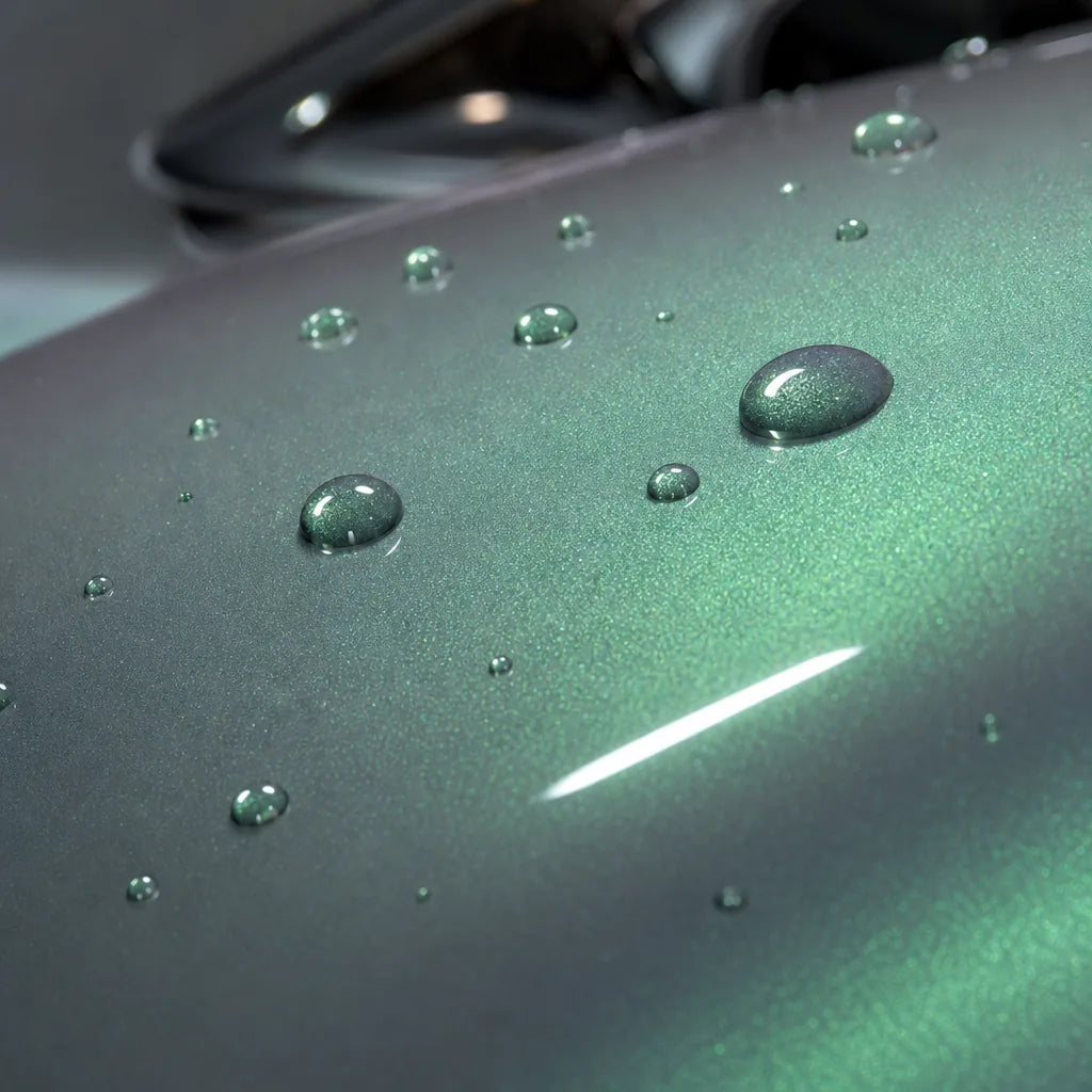 Close-up of Metallic Chameleon Green Grey gloss colored PPF surface texture | Veloro