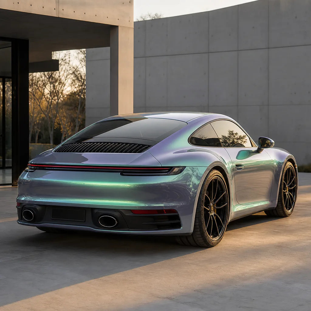 Luxury car wrapped in Metallic Chameleon Green Grey gloss colored PPF at golden hour | Veloro