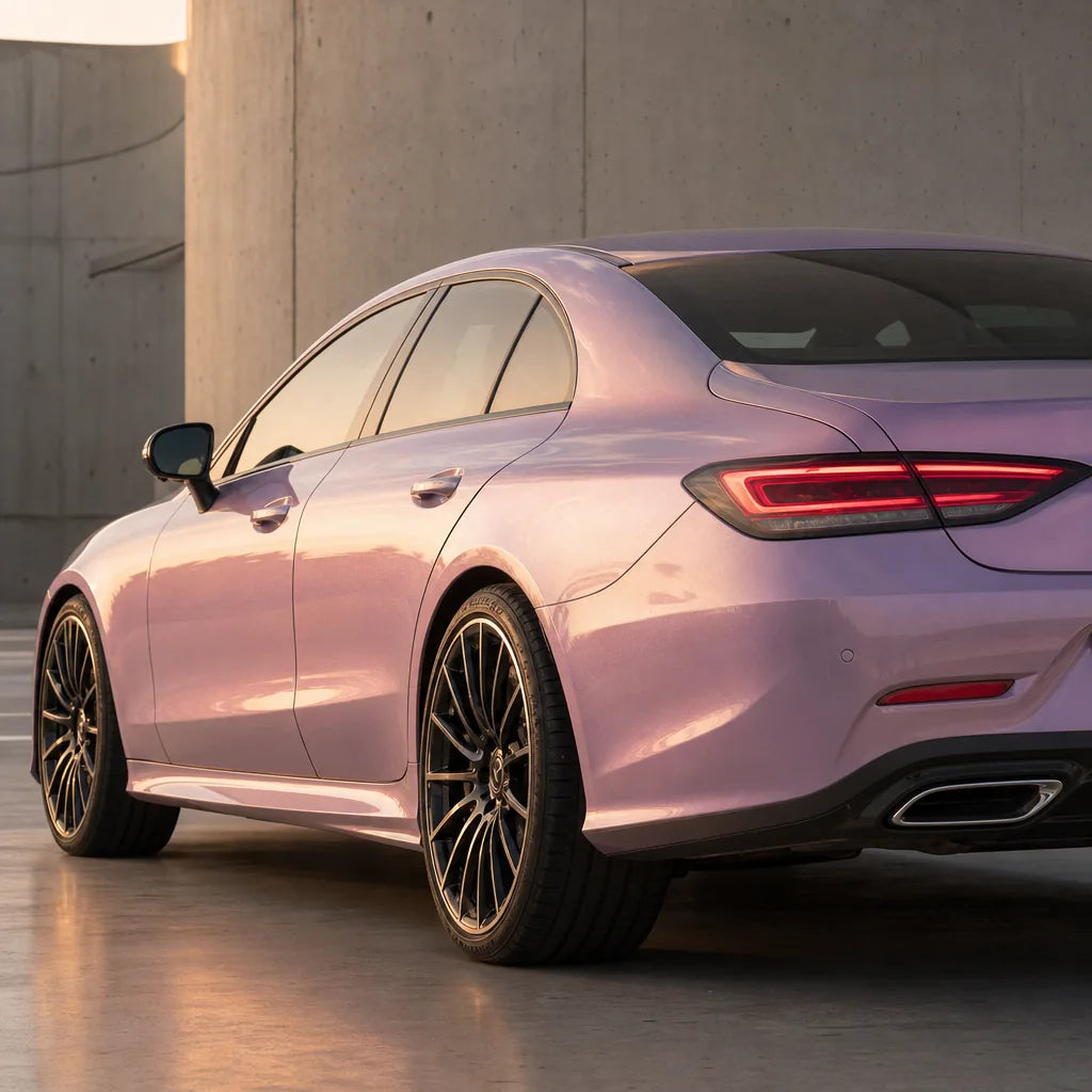 Luxury car wrapped in Metallic Chameleon Pink gloss colored PPF at golden hour | Veloro