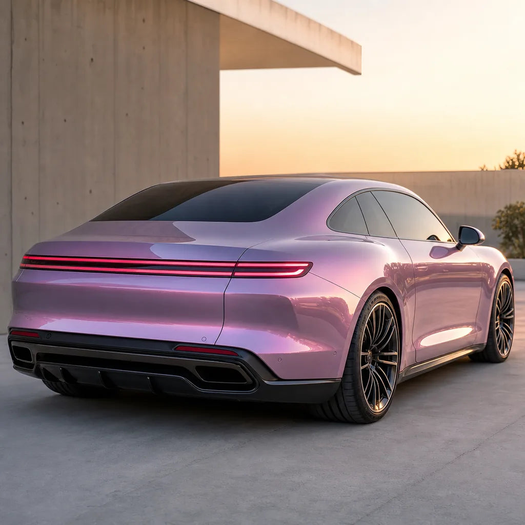 Luxury car wrapped in Metallic Chameleon Pink Grey Color PPF gloss colored PPF at golden hour | Veloro
