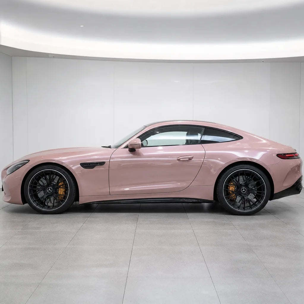 Metallic Chameleon Purple Pink gloss colored PPF wrapped on a Mercedes-AMG GT side profile | Veloro