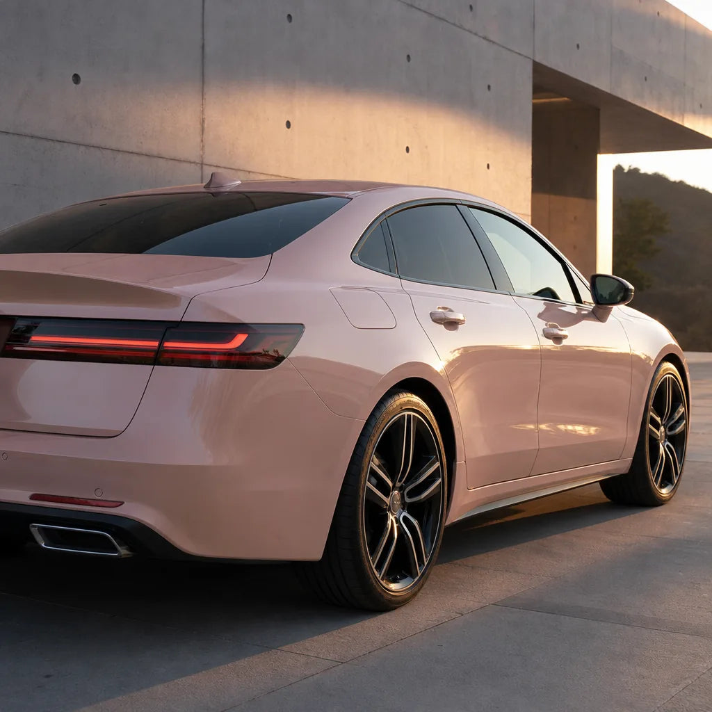 Luxury car wrapped in Metallic Chameleon Purple Pink gloss colored PPF at golden hour | Veloro