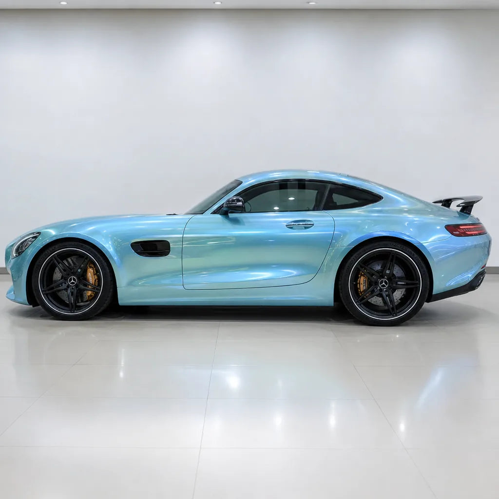 Metallic Chameleon Rock Grey gloss colored PPF wrapped on a Mercedes-AMG GT side profile | Veloro